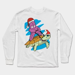 Beach Christmas Starfish and Sea Turtle Surfing Long Sleeve T-Shirt